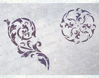 STENCIL 'Flourish Chloe' x2 Damask Scrolls, Swirls, Furniture, Plaster, Crafts, Reusable THICKER 250/10mil MYLAR, by Stencil Stash