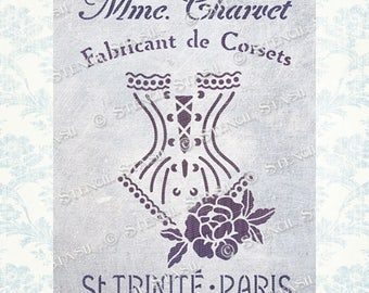 May include: A vintage-style advertisement for a corset maker in Paris, France. The ad features a black and white illustration of a corset with a rose and the text "Mme. Charvet Fabricant de Corsets St. Trinité - Paris".