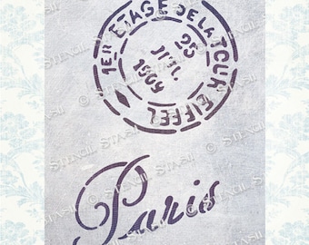 May include: A black and white image of a vintage stamp with the text "Tour Eiffel 1909" and the words "Paris" in a cursive script.