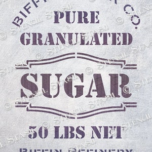May include: A vintage-style label for a 50-pound bag of Biffin Sugar Co. Pure Granulated Sugar. The label is printed in purple ink on a white background and features the text "Biffin Sugar Co.", "Pure Granulated", "Sugar", "50 LBS NET", "Biffin Refinery", and "Boston Mass."