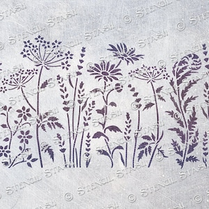 STENCIL &#39;Wild Meadow Mix&#39; Repeat XL and A3, Flower & Leaves, Furniture, Plaster, Crafts, Reusable Thicker 250/10mil MYLAR, by Stencil Stash