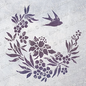 STENCIL &#39;Swallow & Flowers&#39;, Furniture, Walls, Home Decor, Craft, Suitable for 3d Raised, Reusable THICKER 250/10mil MYLAR, by Stencil Stash