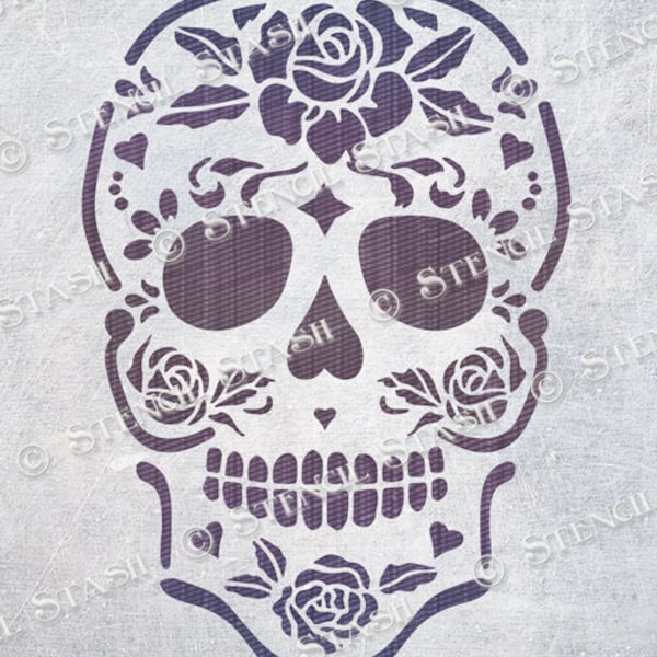 POCHOIR « Candy Skull Rosa », 4 tailles, signes d'artisanat, décoration du jour des morts, Halloween, réutilisable plus épais 250/10 mil MYLAR, par pochoir