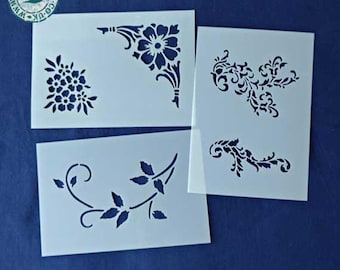 STENCIL Pack 'Mini Patterns 5' Flower Corners, Leaves, Damask Swirls, Scrapbook Journaling, Reusable THICKER 250/10mil MYLAR Stencil Stash