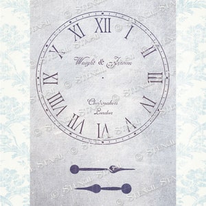 May include: A vintage clock face with Roman numerals and the text "Waight & Jerome Clockmakers London". The clock face is printed on a light grey background with a subtle pattern.