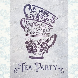 STENCIL 'Alice Tea Party' Paese delle Meraviglie, Tazze da Tè, Fantasia, Arredamento, Decorazione per la Casa, Artigianato, Riutilizzabile MYLAR PIÙ SPESSO 250/10mil, di Stencil Stash