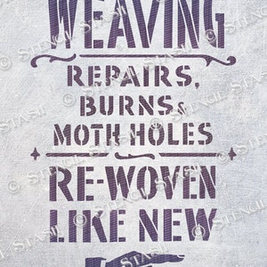 STENCIL 'Weaving Sewing Repairs' Quirky English Shop Sign, Furniture, Wood, Fabric, Home Decor, THICKER 250/10mil MYLAR by Stencil Stash