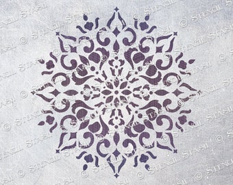 May include: A symmetrical stencil design in dark purple, featuring intricate floral and geometric patterns. The design is centered on a textured, light gray background. The words "STENCIL STASH" are visible in the background.