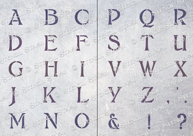 May include: A stencil sheet with the alphabet in uppercase letters, numbers, and punctuation marks. The letters are in a classic serif font.