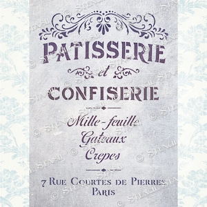 STENCIL 'French Patisserie', Vintage Bakery Advertisement, Furniture, Home Decor, Crafts, Reusable THICKER 250/10mil MYLAR by Stencil Stash