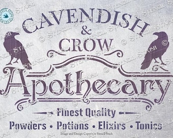 STENCIL 'Apothecary Gothic' Vintage Store Shop Sign, Crow, Furniture, Home Decor, Kitchen, Reusable THICKER 250/10mil MYLAR by Stencil Stash
