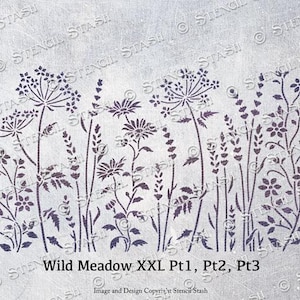 May include: A stencil design of a wild meadow with tall grasses and flowers. The stencil is divided into three parts, labeled "Pt1, Pt2, Pt3".
