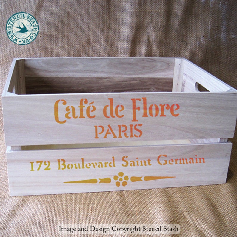 STENCIL 'Cafe de Flore' Paris, Vintage French Script, Furniture, Home decor, Crates, Reusable THICKER 250/10mil MYLAR, by Stencil Stash image 7