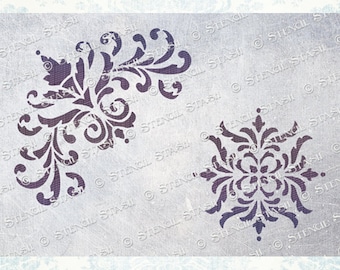 STENCIL 'Flourish Freya' x2 Damask Scrolls, Floral Chic, Furniture, Plaster, Crafts, Reusable THICKER 250/10mil MYLAR, by Stencil Stash