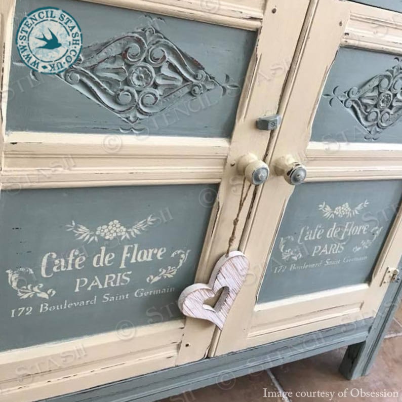 STENCIL 'Cafe de Flore' Paris, Vintage French Script, Furniture, Home decor, Crates, Reusable THICKER 250/10mil MYLAR, by Stencil Stash image 3