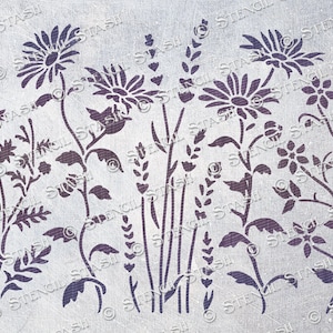 STENCIL &#39;Wild Meadow1 Daisy&#39; Repeat, Flower & Leaves, Furniture, Plaster, Crafts, Reusable THICKER 250/10mil MYLAR, by Stencil Stash
