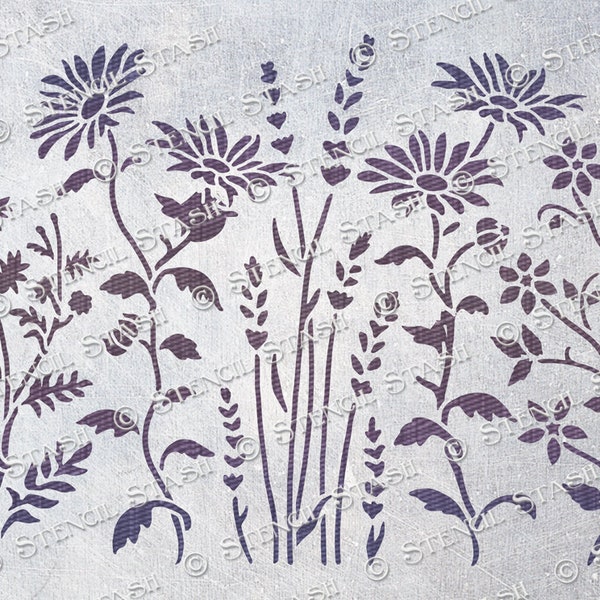 STENCIL 'Wild Meadow1 Daisy' Repeat, Flower & Leaves, Furniture, Plaster, Crafts, Reusable THICKER 250/10mil MYLAR, by Stencil Stash