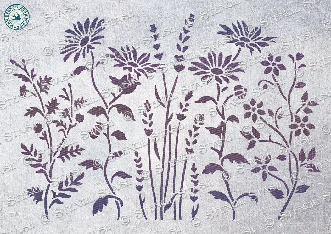 STENCIL 'Wild Meadow1 Daisy' Repeat, Flower & Leaves, Furniture, Plaster, Crafts, Reusable THICKER 250/10mil MYLAR, by Stencil Stash