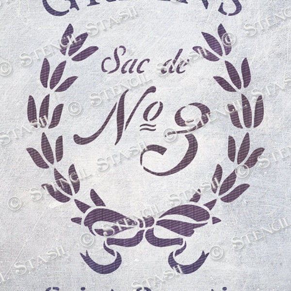 STENCIL 'Grain Sack No.3'  Vintage French Script, Furniture, Home Decor, Fabric, Crafts, Reusable THICKER 250/10mil MYLAR, by Stencil Stash