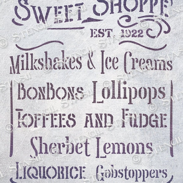 POCHOIR Enseigne vintage « Mabel's Sweet Shop », Bonbons et crème glacée, création de meubles pour la maison, réutilisable plus épais 250/10 mil MYLAR par pochoir