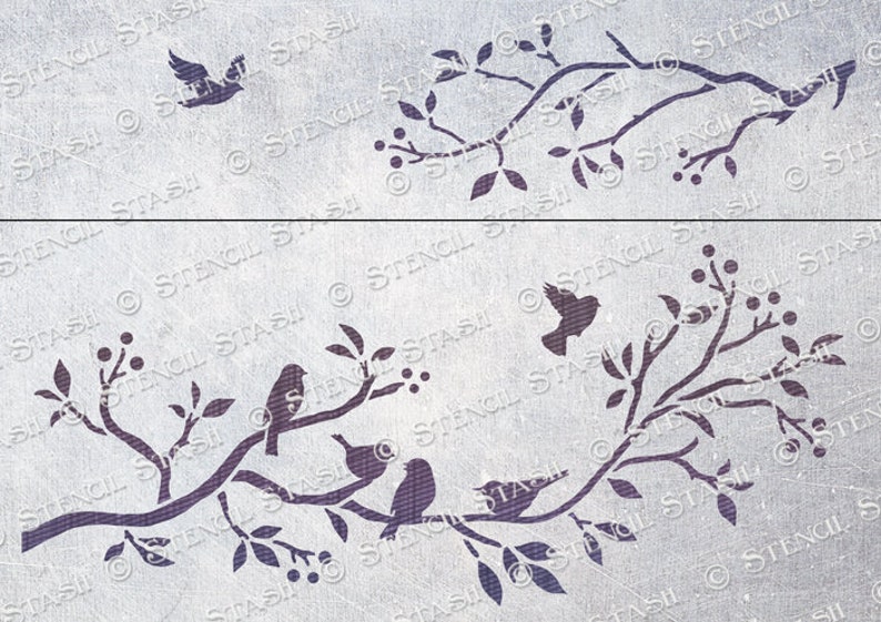 STENCIL 'Birds & Branches', Furniture, Walls, Home Decor, Craft, Suitable for 3d Raised, Reusable THICKER 250/10mil MYLAR, by Stencil Stash image 1