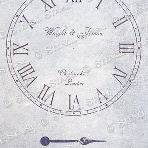 May include: A stencil design featuring a circular clock face with Roman numerals, the text Waight & Jerome, Clockmakers, London, and two separate clock hands. The design is rendered in dark blue ink on a light gray, textured background surface.
