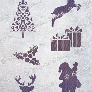 SCHABLONE 'Christmas Mix' CMX 3 Größen Weihnachten Reh, Geschenke, Nikolaus, Stechpalme, Karte, Stoff, Handwerk, wiederverwendbare Dicker 250/10mil MYLAR, von Stencil Stash