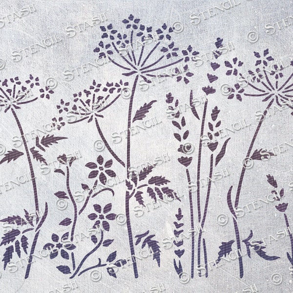 SCHABLONE „Wild Meadow2 Cow Parsley“, Wiederholung, Blumen und Blätter, Möbel, Gips, Kunsthandwerk, wiederverwendbar, DICKER 250/10 mm MYLAR, von Schablone Stash