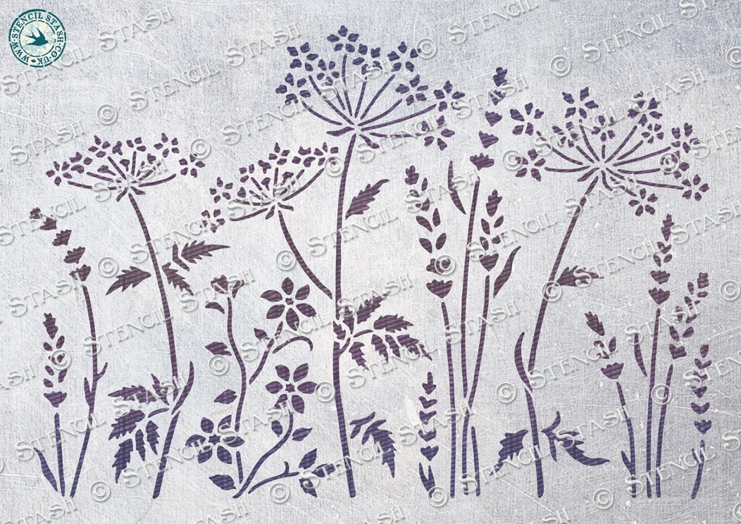 STENCIL 'Wild Meadow2 Cow Parsley' Repeat, Flower & Leaves, Furniture, Plaster, Crafts, Reusable THICKER 250/10mil MYLAR, by Stencil Stash