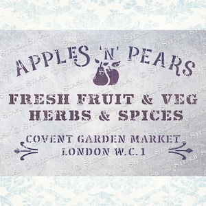 May include: A vintage-style sign with the text "Apples 'N' Pears Fresh Fruit & Veg Herbs & Spices Covent Garden Market London W.C.1" in a dark purple colour. The sign features a pair of pears in the top left corner.