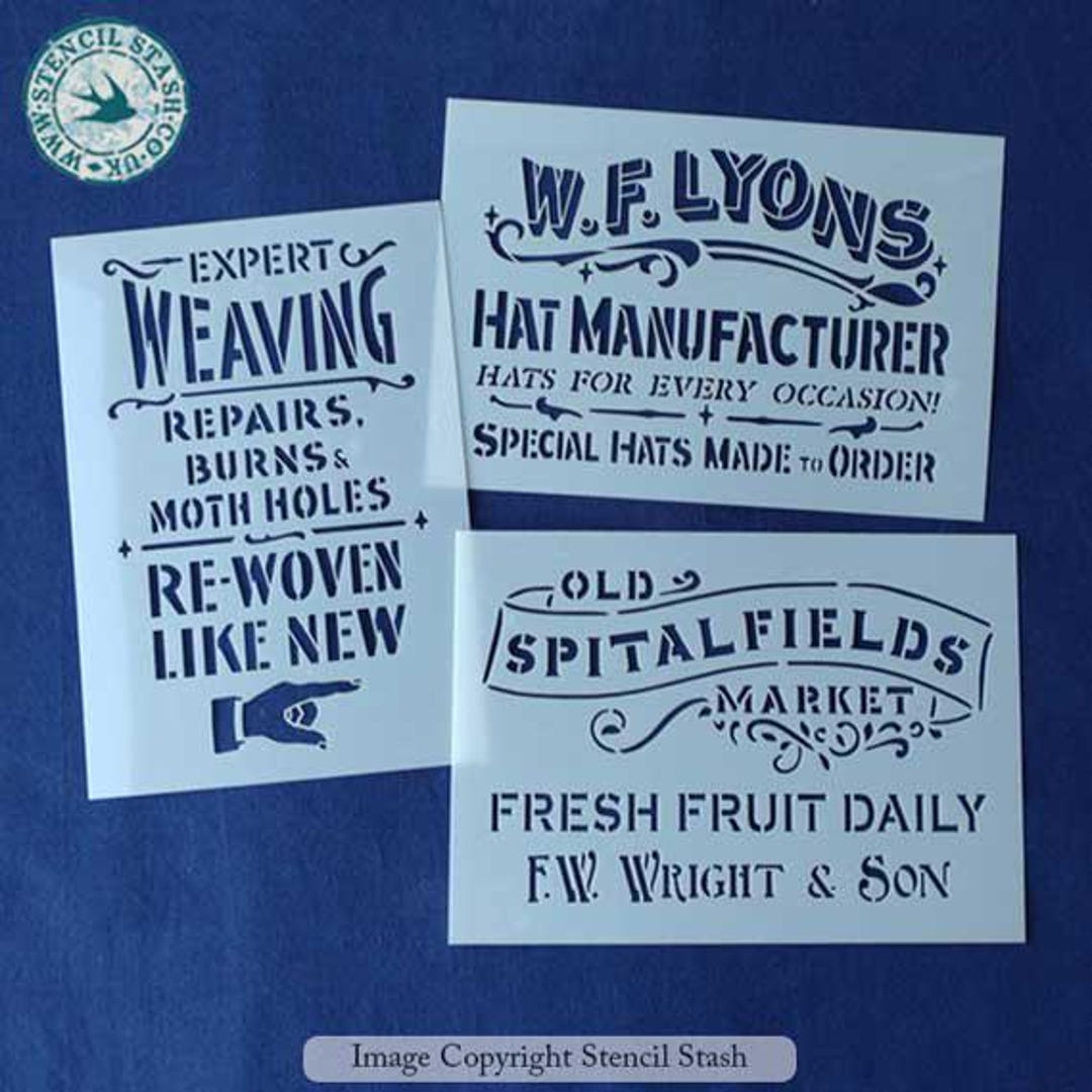 Retro Stash Sign STENCIL Pack 'mini Vintage Signs 3' Old Market, Hats, Weaving Repairs ...
