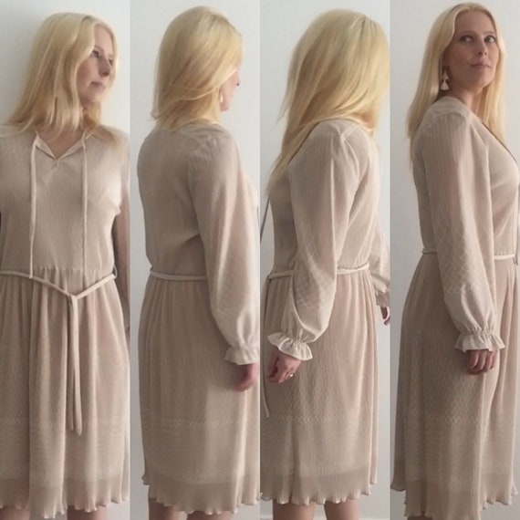1950s Cream Pleated Dress with Hair Scarf