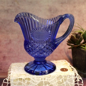 Vintage Cobalt Blue Glass Pitcher OR Creamer Plantation Medallion, 1980&#39;s, 6&quot;     B84