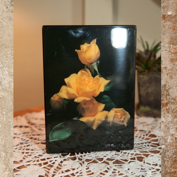 Vintage Yellow Rose Covered Gloss Lacquered Musical, Jewelry, Trinket Box, 6", Edelweiss, 1970's   B62-10-21