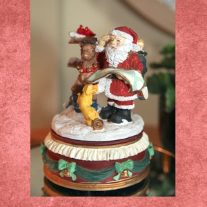 Vintage Resin Santa Claus with Reindeer Music Box,  Santa Claus is Coming To Town, 6&quot;, 1980&#39;s   B14-9-14