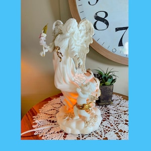Vintage Porcelain Angel Holding Cut Glass Crystal, with CHERUB, Night Light, 12.5&quot;      L3/21-3-19