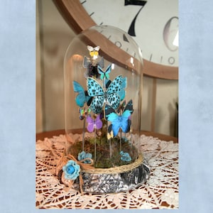 Vintage Handmade Glass Butterfly Dome, Blue, Purple Butterfly&#39;s, Faux Butterfly&#39;s, 9&quot; (#10) Basm.