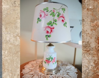 Vintage Hand Painted Florla Glass Lamp with Matching Hand Painted Floral Shade, 16 Inch, 1940&#39;s   K128