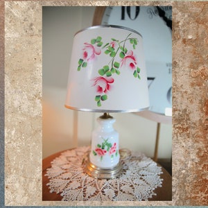 Vintage Hand Painted Florla Glass Lamp with Matching Hand Painted Floral Shade, 16 Inch, 1940&#39;s   K128