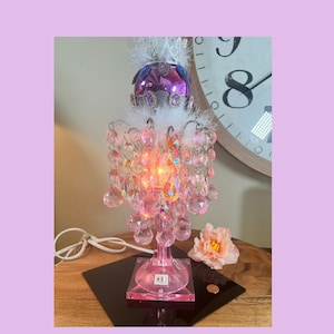 Disney, Princess Lamp, Enhanced With Rhinestones, Glass Rainbow Chandelier Crystals,  Feather, Lucite Lamp, FUFU, 1980&#39;s, Retro    K3/19