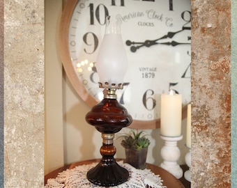 Vintage Amber Glass Base, Hurricane Oil Burning Lamp, With Frosted Shade, 18", 1040's   B11-2-3