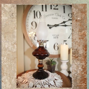 Vintage Amber Glass Base, Hurricane Oil Burning Lamp, With Frosted Shade, 18&quot;, 1040&#39;s   B11-2-3