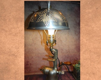 Antique early 1900/'s coffee grinder converted to a one of a kind desk lamp