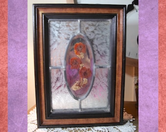 Vintage Retro Dried Flowers in Glass with Etched Mirror around in Wood Frame, 14.5", 1970's   B3-6-27