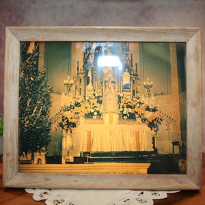 Vintage Light Box Church Light Up Framed Box Christmas Scene, Alter, Tree, Electrical, 1060&#39;s, 11&quot;   B91-3-18