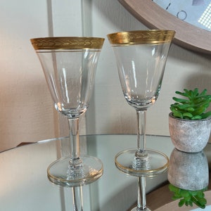 Vintage Gold vergoldet, Blattmuster, Weingläser, Kelche, 6,5 Zoll, 2er-Set, 1970er Jahre B52-2-25