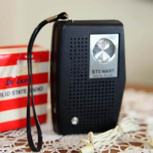 Vintage Stewart Solid State Transistor Radio, with Box and Ear Piece, Works, 4.5", 1970's   B90-2-13