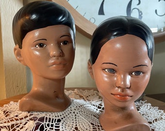 Vintage Set of 2 Holland Mold Ceramic Boy & Girl Head Busts, 7", 1970's, Hand Painted,   B86-4-2