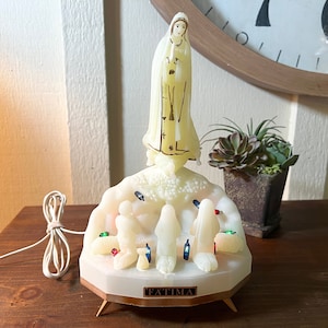 Our Lady Of Fantima, Portuguese Saint, Light Up Base, Musical, European Souvenir with Lights, 9.5 Inch, 1950&#39;s   B81-8-13