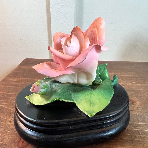 Vintage, Pink, Porcelain Rose, with Wood Base Music Box, Plays" You Light Up My Life", 5 Inch, 1980's   B92-3-17